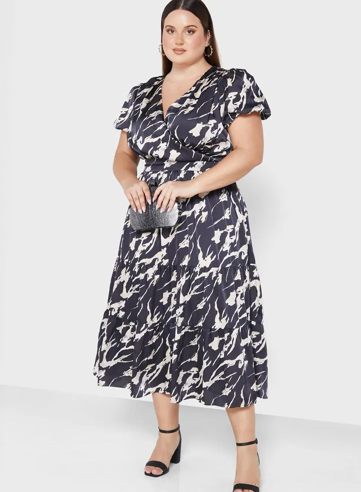 Puff Sleeve Plunge Neck Printed Dress