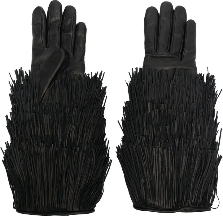 Black Zelda Tassel Trim Leather Gloves