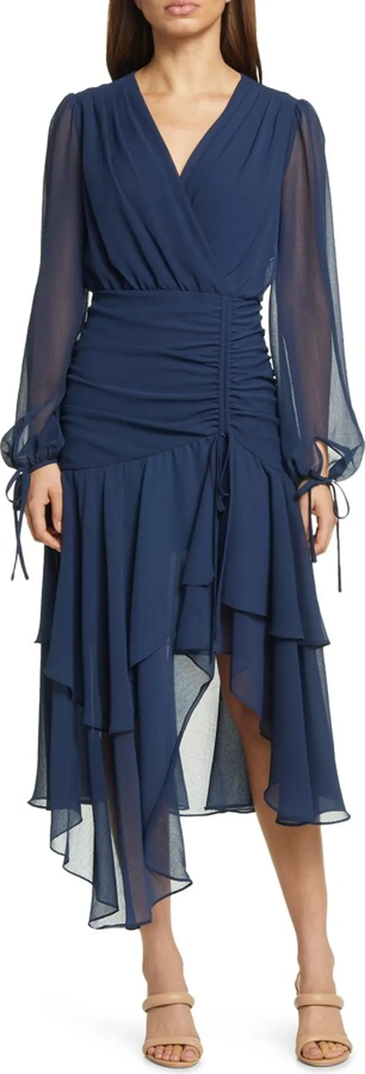 Kiali Ruched Tie Long Sleeve Georgette Midi Dress