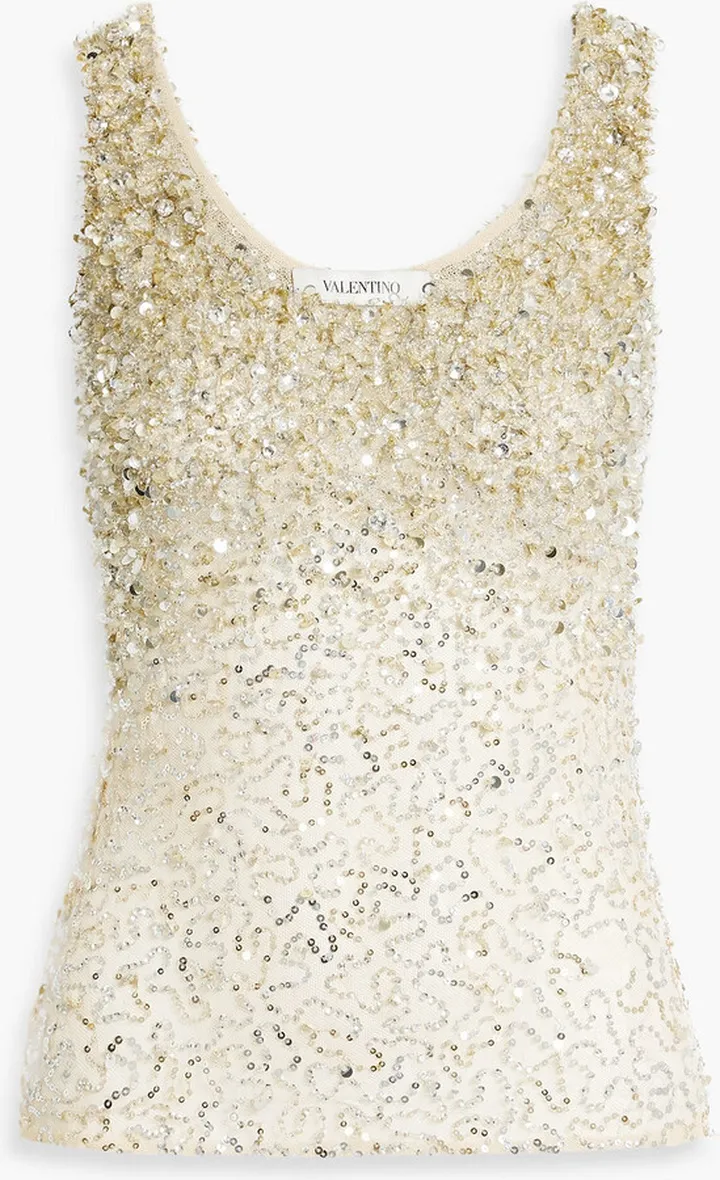 Embellished cotton-blend tulle tank