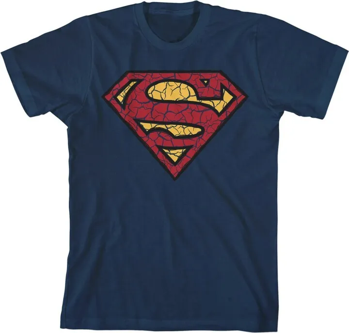 Superman Cracked Shield Logo Youth Navy Blue Graphic Tee-XS