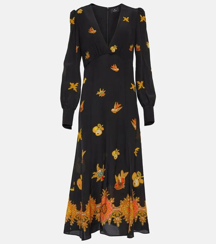 Printed silk crepe de chine midi dress