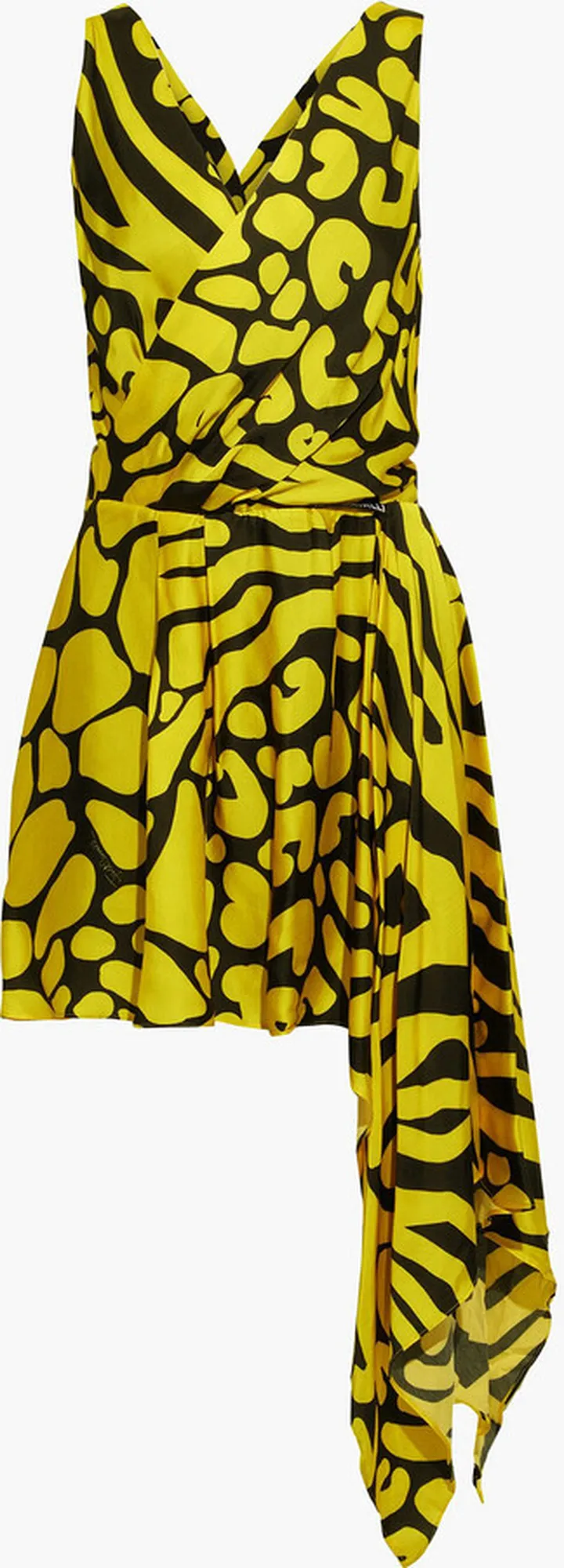 Asymmetric wrap-effect printed satin mini dress