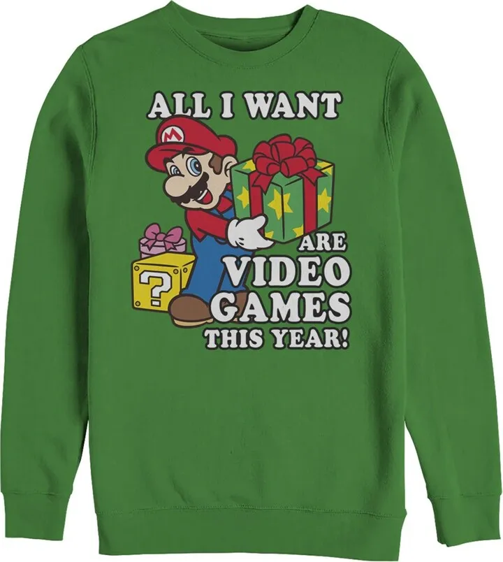 Men's Nintendo Christmas Mario All I Want Are Video Games Sweatshirt - Kelly Green - 3X Large