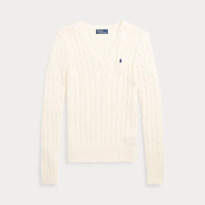 White cable knit v-neck sweater with small frontal embroidered logo from Polo Ralph Laurent.