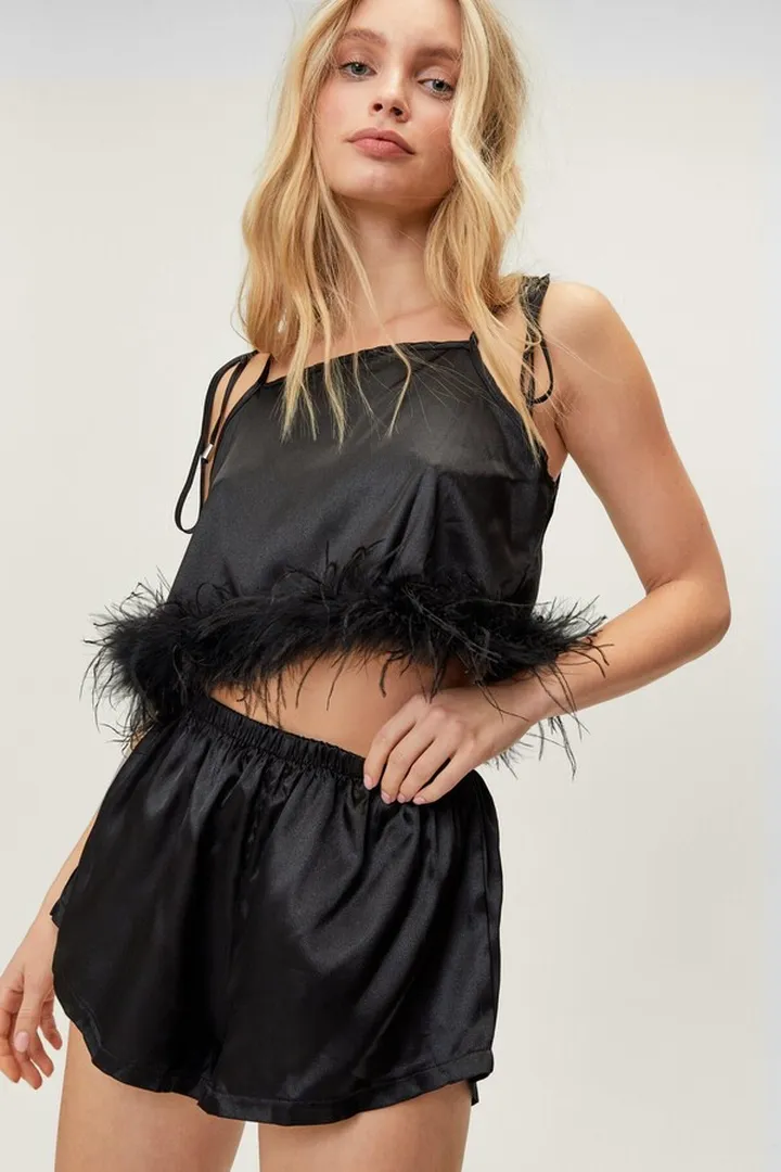 Nasty Gal Womens Satin Feather Trim Cami Pajama Short Set