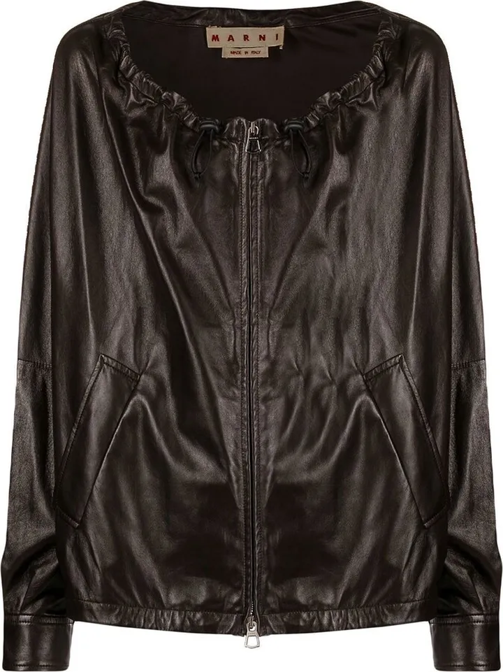 Drawstring-Neck Leather Bomber Jacket