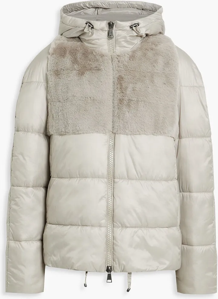 Faux fur-paneled quilted shell hooded jacket