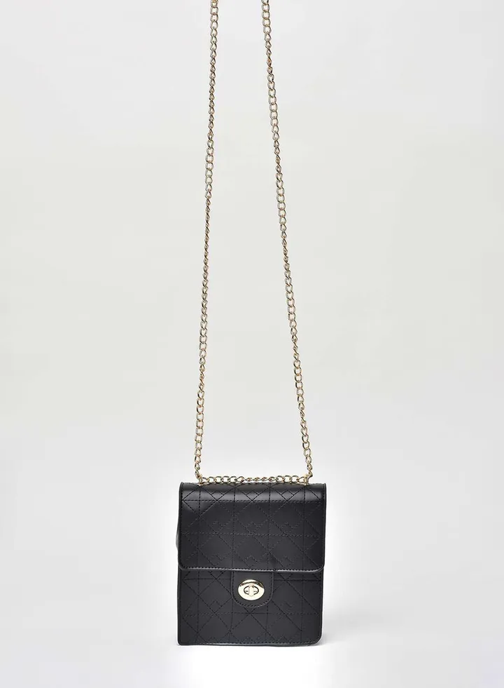 Stitched Checked Detail Chain Strap Crossbody Bag Black
