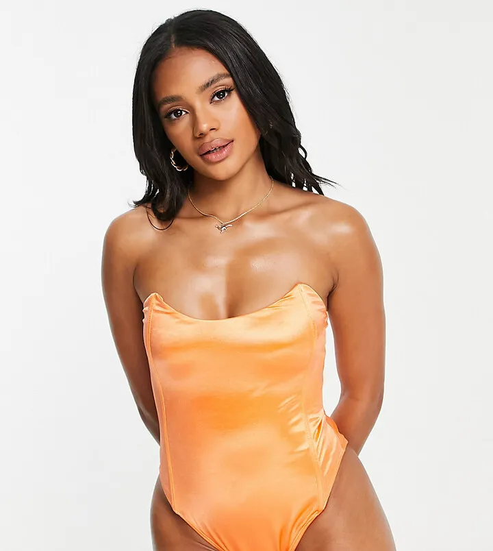 ASYOU satin sweetheart corset swimsuit in orange