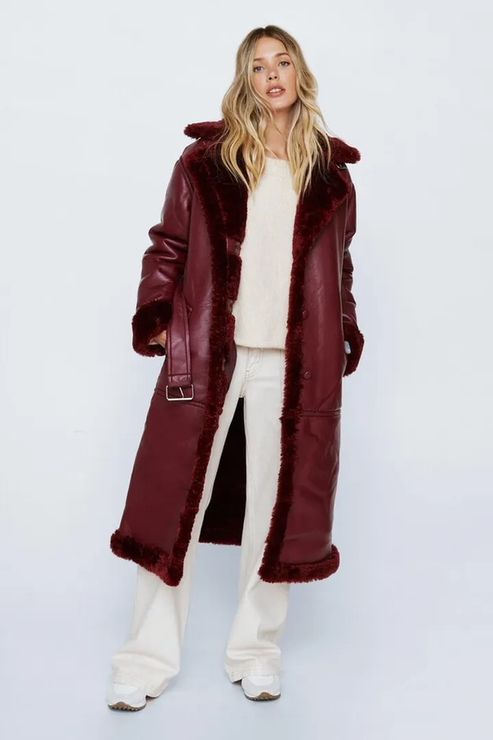 Nasty Gal Womens Premium Faux Leather Belted Borg Lined Coat