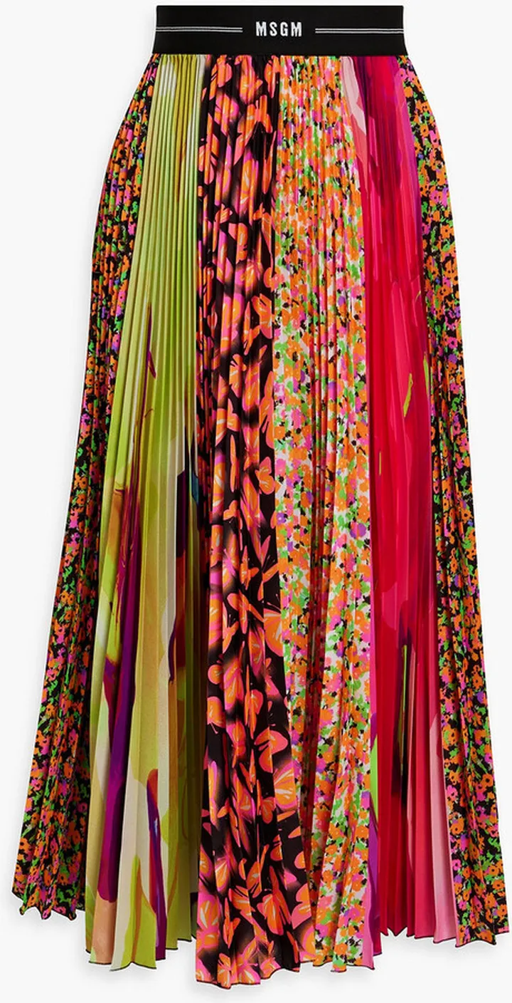 Pleated printed crepe de chine midi skirt