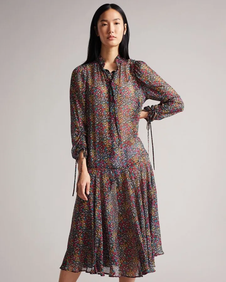 Dropped Waist Midi Dress in Black
