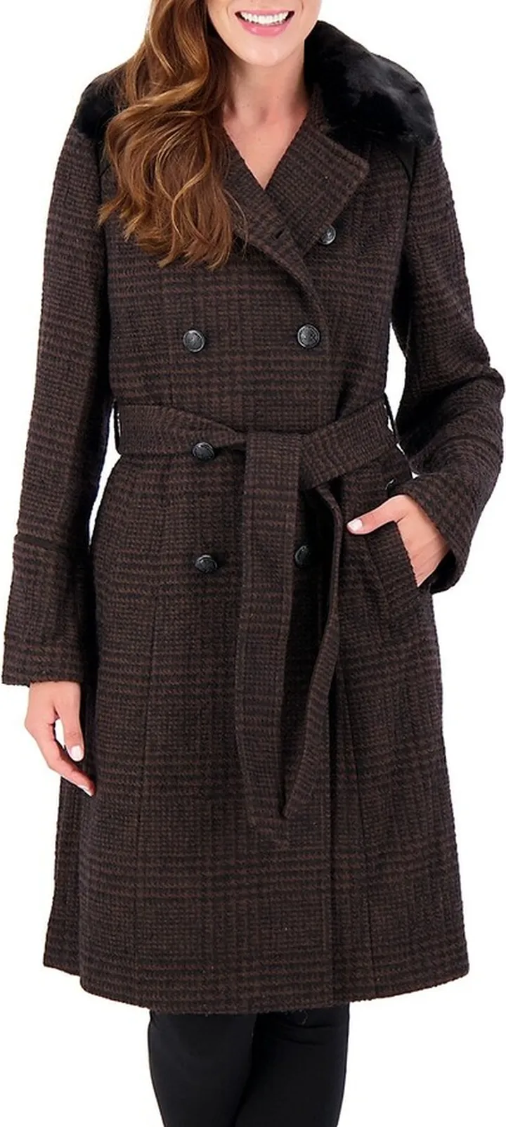 Double Breasted Faux Fur Collar Coat