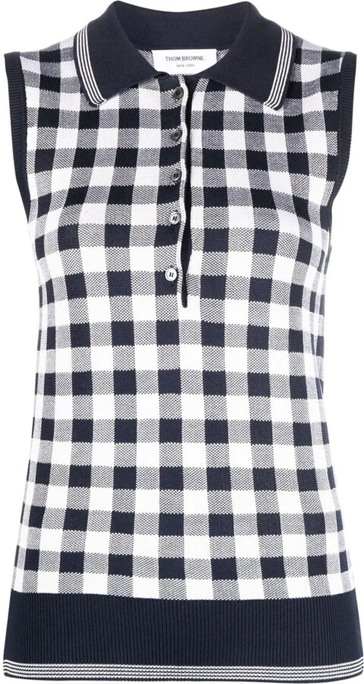 Gingham-Jacquard Sleeveless Polo Top