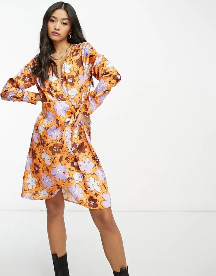 Pieces satin wrap tie side mini dress in orange floral