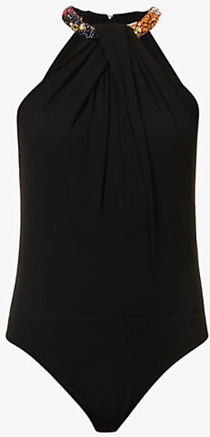Womens Black Rhinestone-embellished Halter-neck Chiffon Body