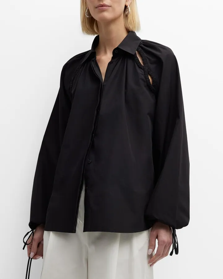 Tiana Cutout Blouson-Sleeve Poplin Shirt