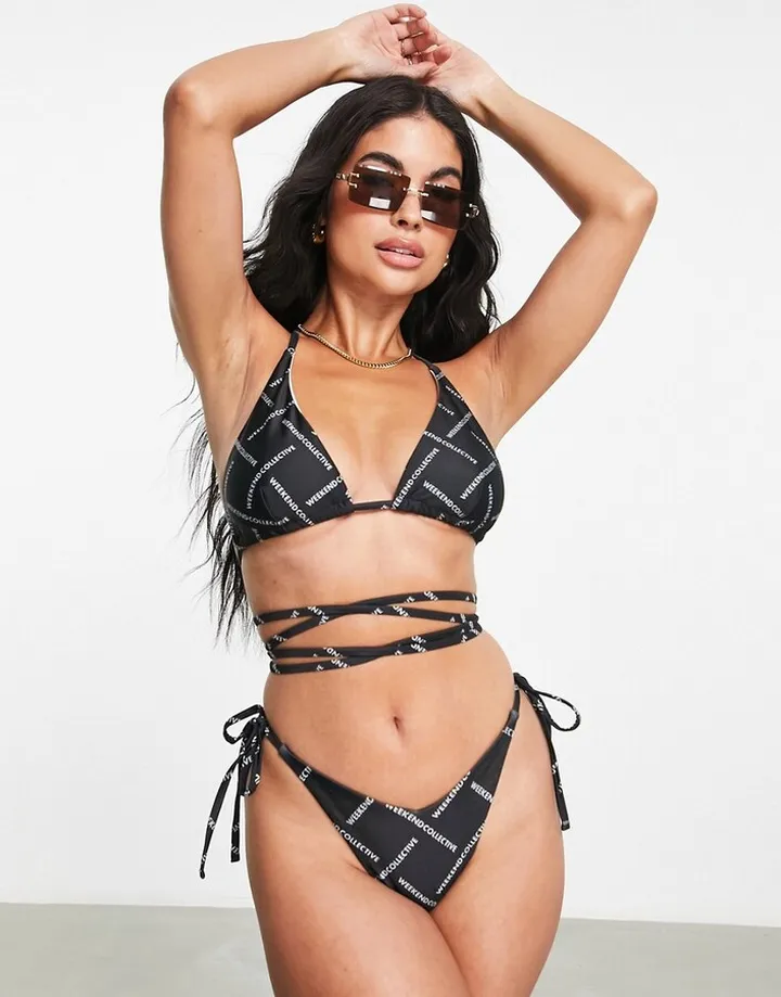 ASOS DESIGN Weekend Collective tie front triangle bikini top in mono print