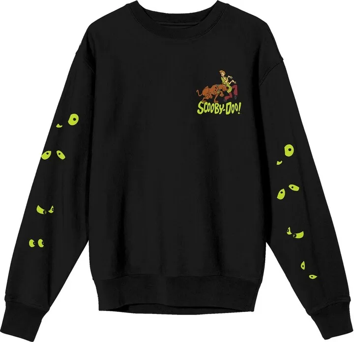 Scooby Doo Scared Scooby And Shaggy Green Eye Sleeves Crew Neck Long Sleeve Black Men’s Sweatshirt-Medium