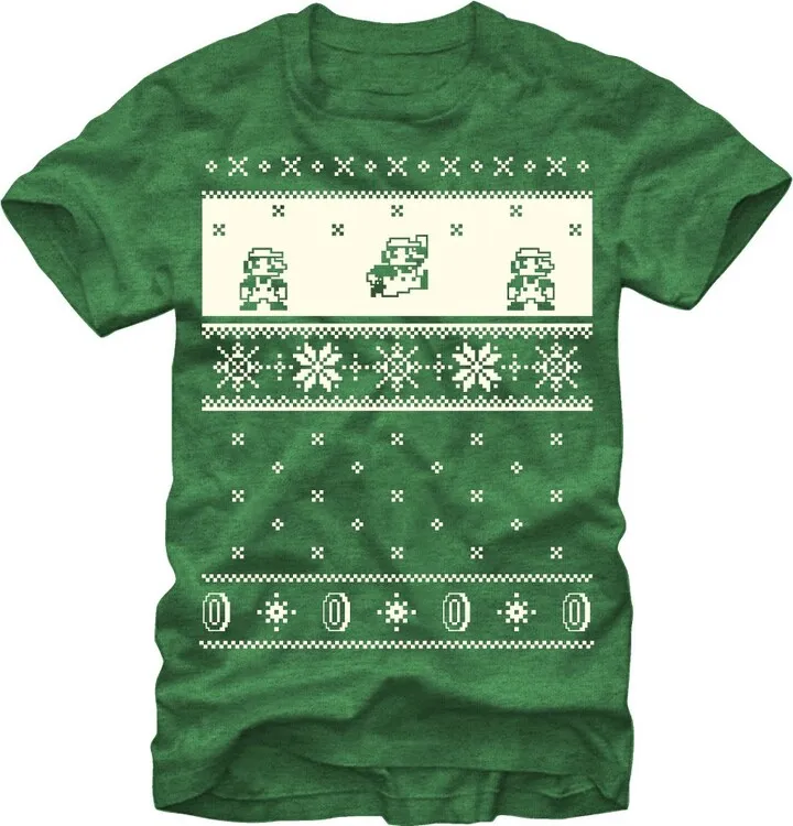 Men's Nintendo Christmas Sweater Mario T-Shirt - Kelly Heather - Medium