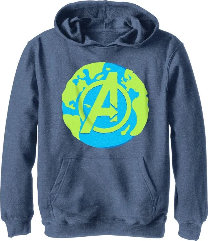 Boy's Marvel Earth Day A Symbol Pull Over Hoodie - Navy Blue Heather - Small