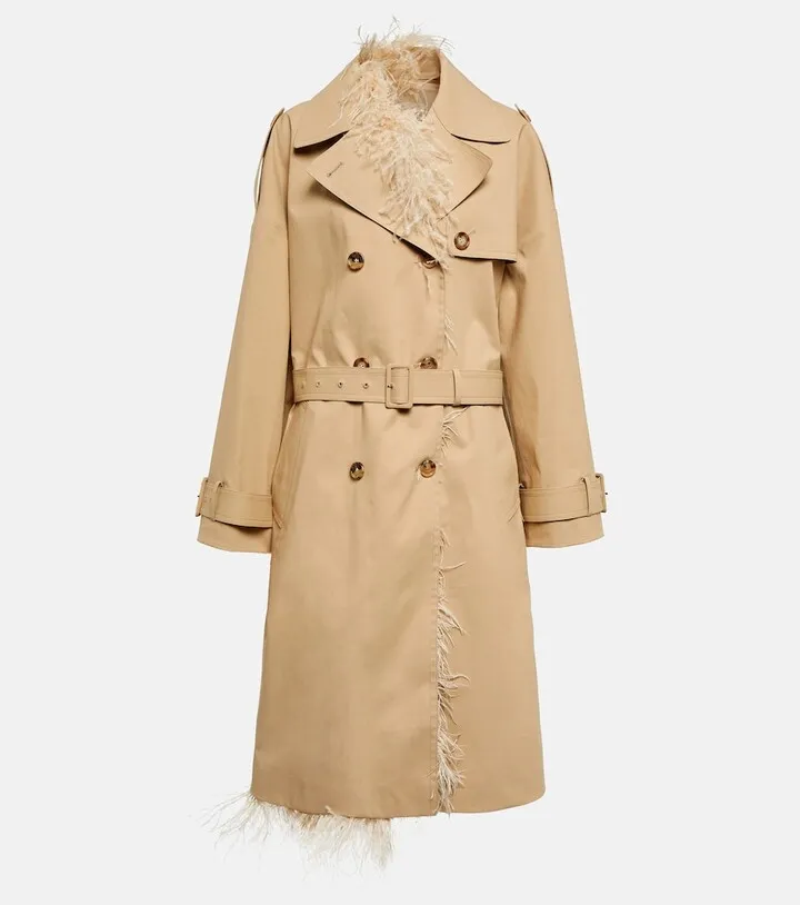 Feather-trimmed cotton canvas trench coat