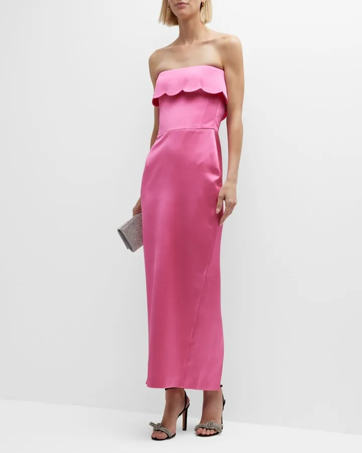 Scalloped-Ruffle Strapless Satin Corset Maxi Dress