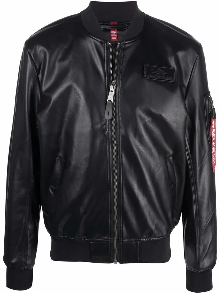Logo-Patch Faux Leather Bomber Jacket