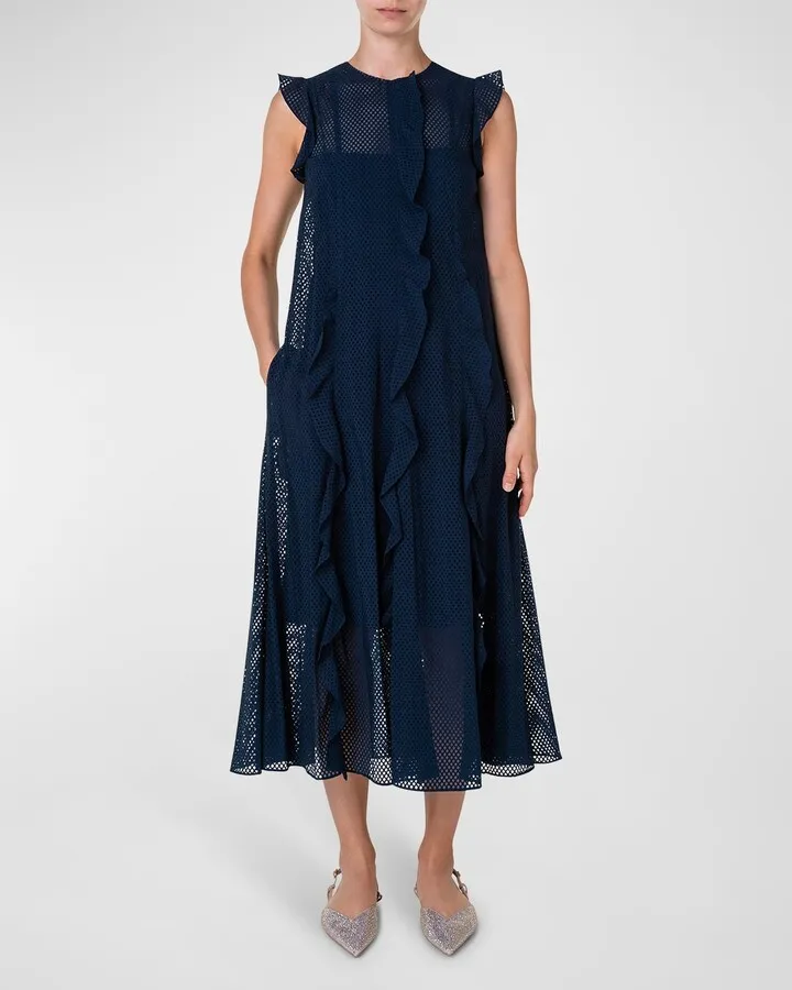 Ruffle Cap-Sleeve Mesh Organza Midi Dress