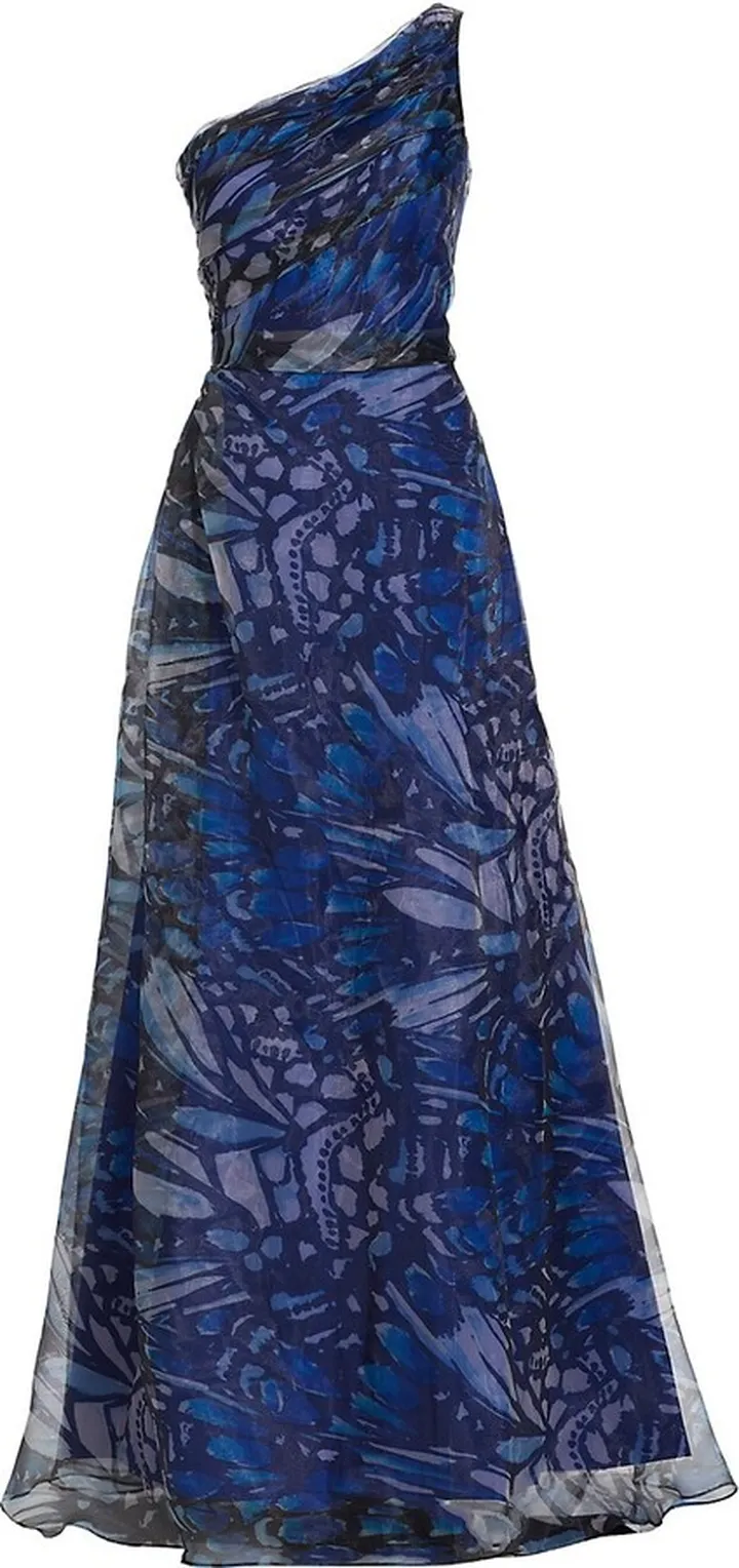 Butterfly-Print Organza One-Shoulder Gown