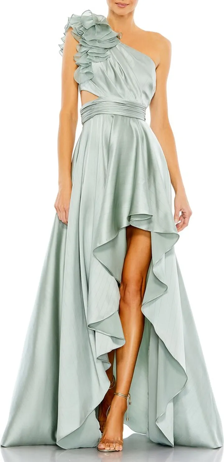 Ruffle One-Shoulder High-Low Satin Gown