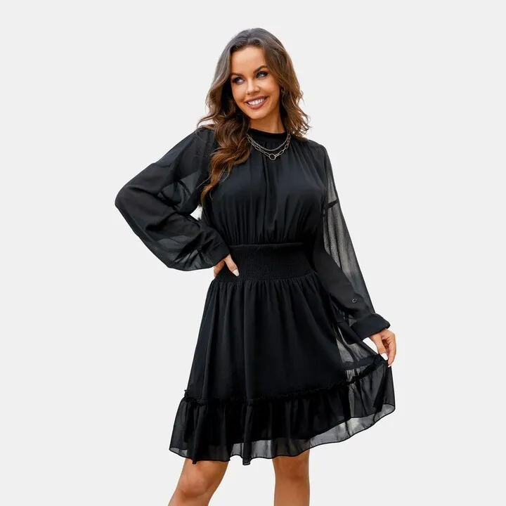 Women's Chiffon Balloon Sleeve Dress - Cupshe-L-Black