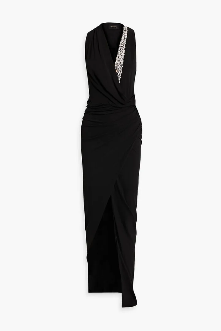 Wrap-effect crystal-embellished jersey gown