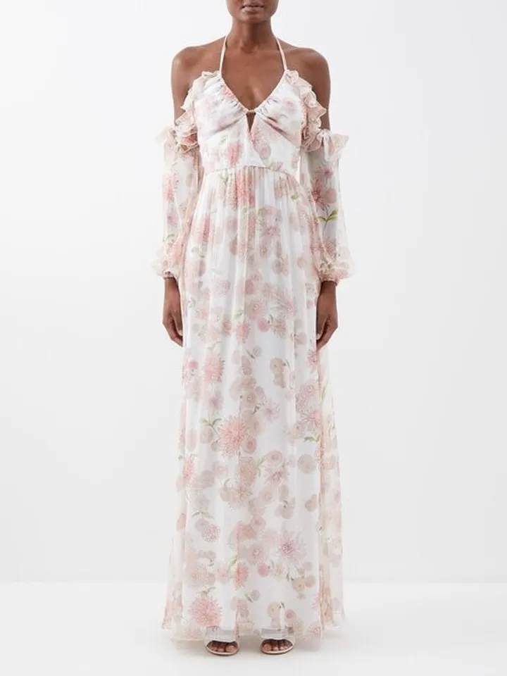 Dahlia-print Off-the-shoulder Silk-georgette Gown
