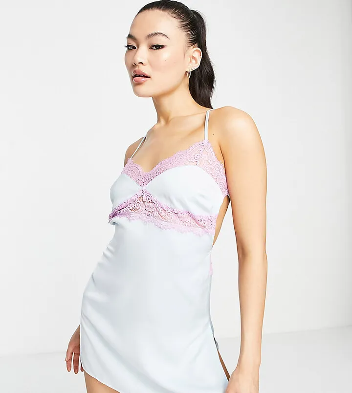ASYOU contrast lace plunge cami dress in powder blue