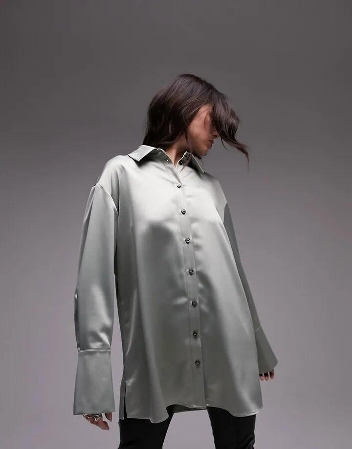 Topshop long sleeve satin shirt in light khaki