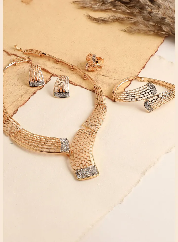 Gold Plated Designer Stone Necklace, Earring, Ring and Bracelet Set