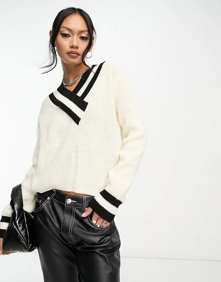 Calvin Klein Jeans ribbed long sleeve v neck sweater in cream