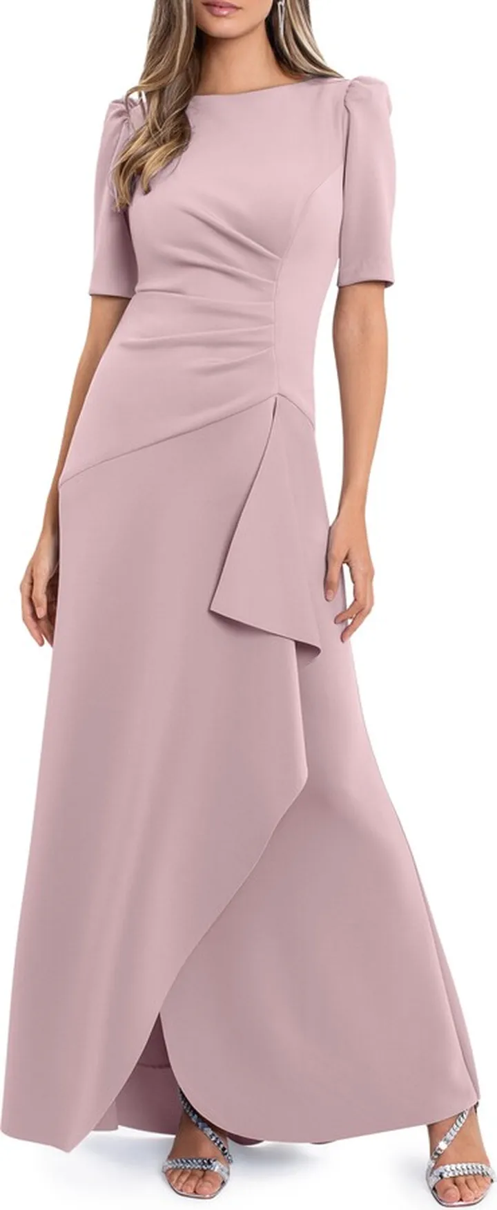 Side Ruched Ruffle Details Scuba Crepe Gown