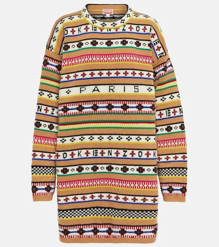 Intarsia striped wool and cotton sweater dress