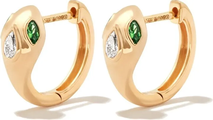 18kt yellow gold Snake diamond and emerald huggie hoops