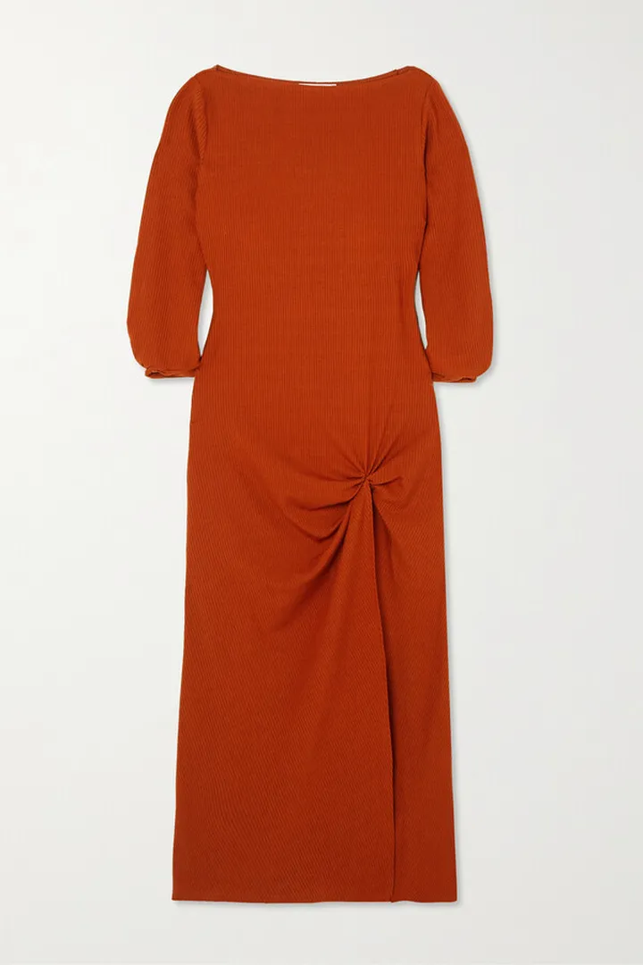 Reformation - Belmont Gathered Ribbed Stretch-tencel Lyocell Jersey Midi Dress - Orange