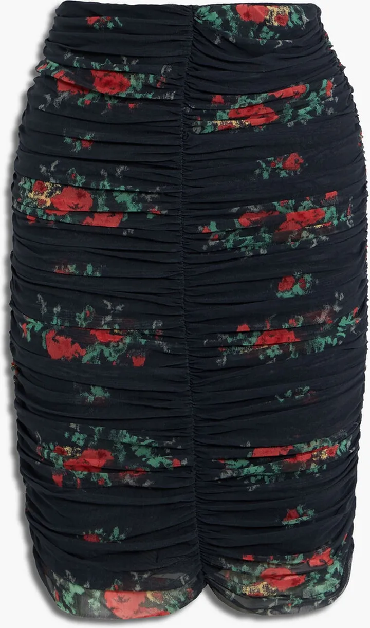 Ruched floral-print mesh mini skirt