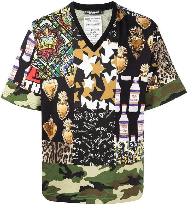 mix-print V-neck T-Shirt