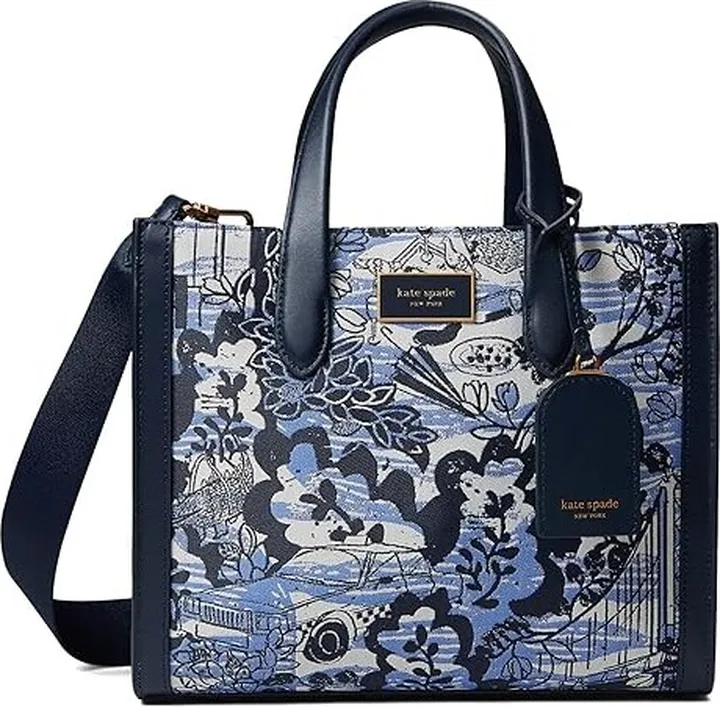 Kate Spade New York Manhattan Walk In The Park Toile Jacquard Fabric Small Tote (Blazer Blue Multi) Handbags