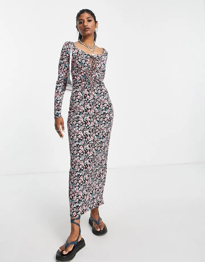 Only tie front maxi body-conscious dress in black floral