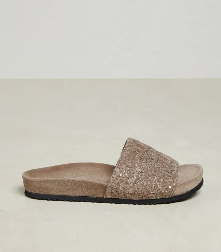 Brunello Cucinelli Suede Embroidered Slides