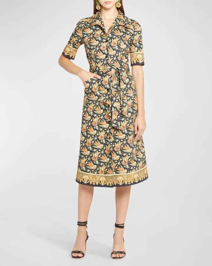 Printed Tie-Waist Midi Dress