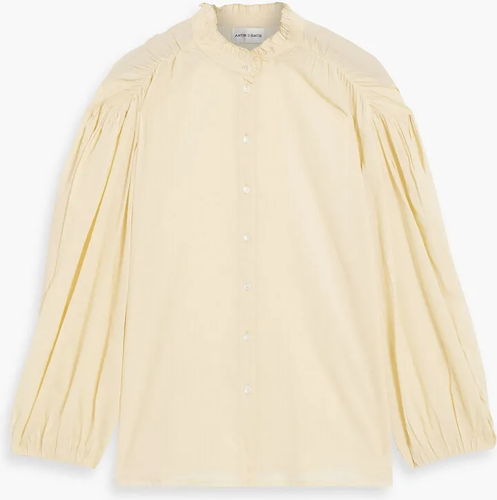 Olga ruffled ruched cotton-voile blouse